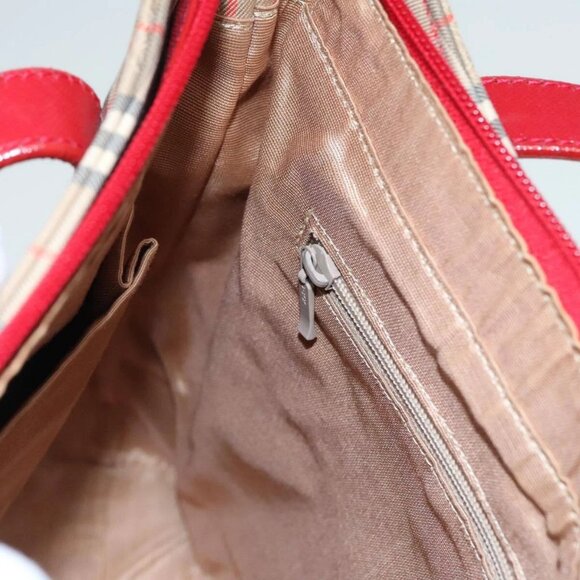 BURBERRY Nova Check Hand Bag Canvas Leather Beige Gold Red Auth 90271 - Picture 11 of 16